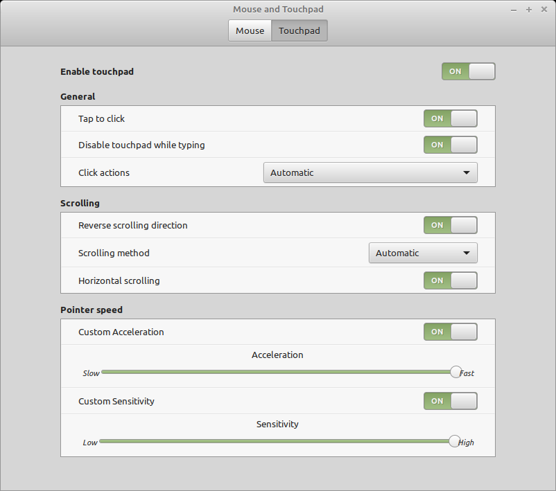Screenshot of mint touchpad settings with customisations