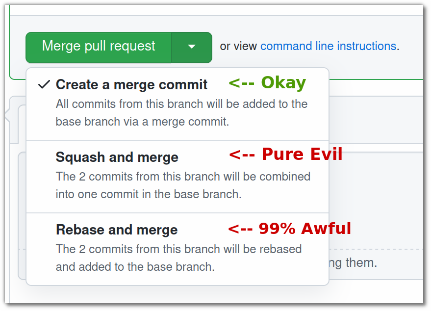 Screenshot of github's three PR merge options