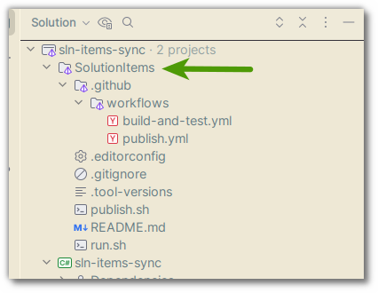 screenshot of example solution items folder in Rider